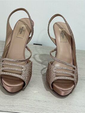 Valentino Rose Gold Crystal-Embellished Slingback Heels